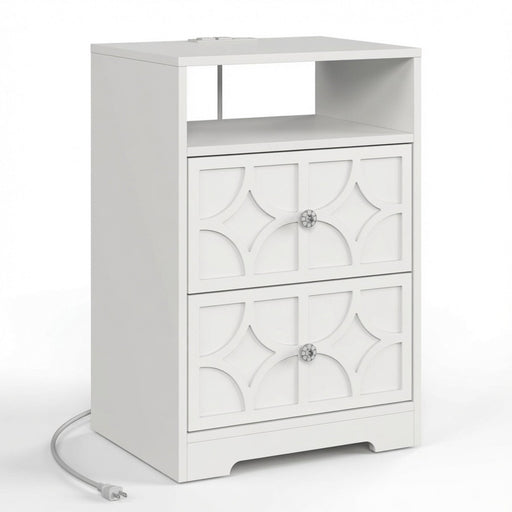 Nightstand With Diamond Carvings Handles, 2 Drawers & Charging Station Home Essentials