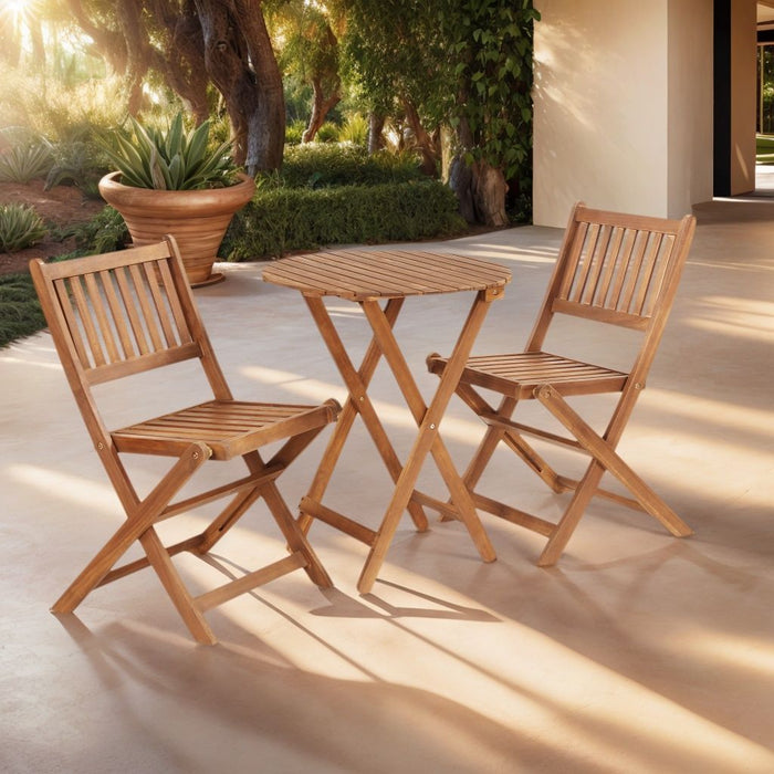 3 Piece Acacia Bistro Set, Folding Patio Furniture With 1 Coffee Table And 2 Foldable Chairs