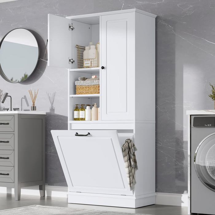 Modern Tall Storage Cabinet With Adjustable Shelves, Flip-Out Basket & Enclosed Doors Hearth and Haven