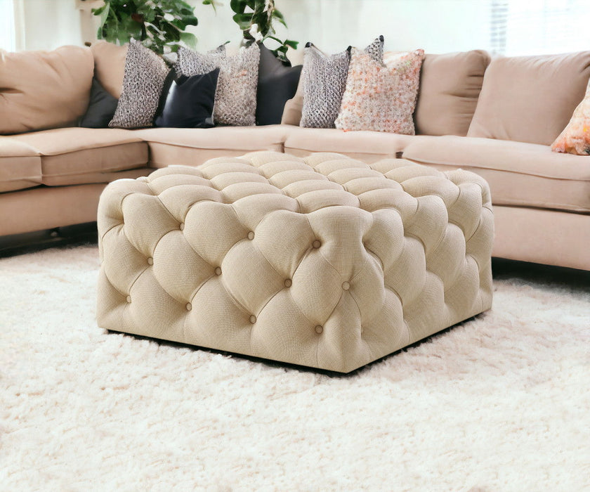 Linen Rolling Tufted Cocktail Ottoman - Beige