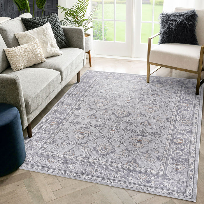 Marfi - 8' x 10' Oriental Non-Shedding Living Room Bedroom Dining Home Office Stylish And Stain Resistant Area Rug - Ivory / Gray