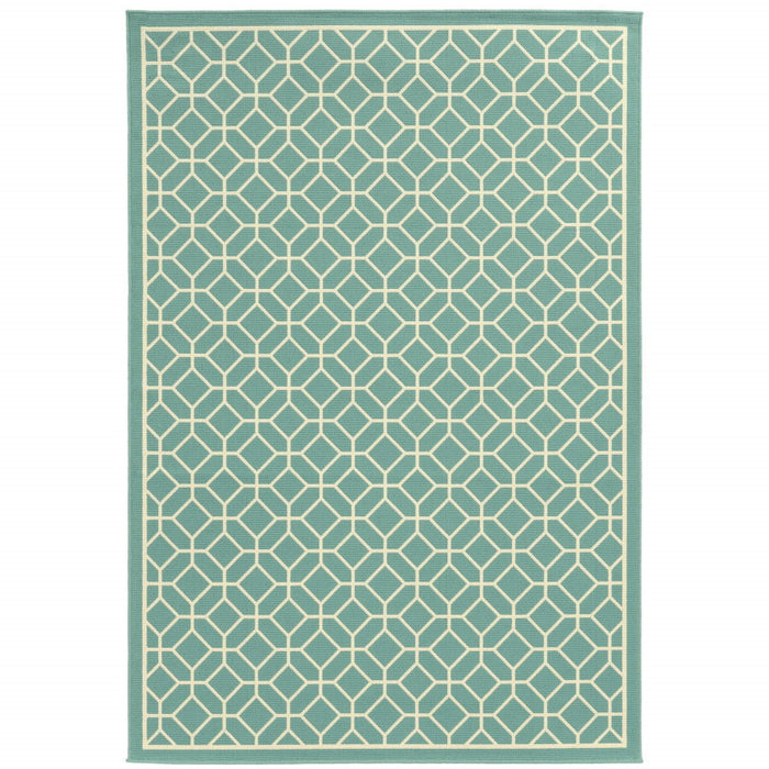 4' X 6' Geometric Stain Resistant Indoor & Outdoor Area Rug - Ivory / Blue