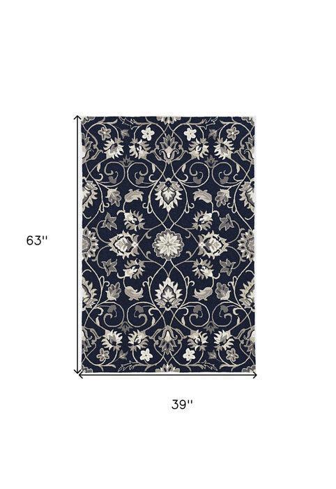 3' X 5' Hand Hooked UV Treated Traditional Floral Design Indoor / Outdoor Rug - Navy Blue