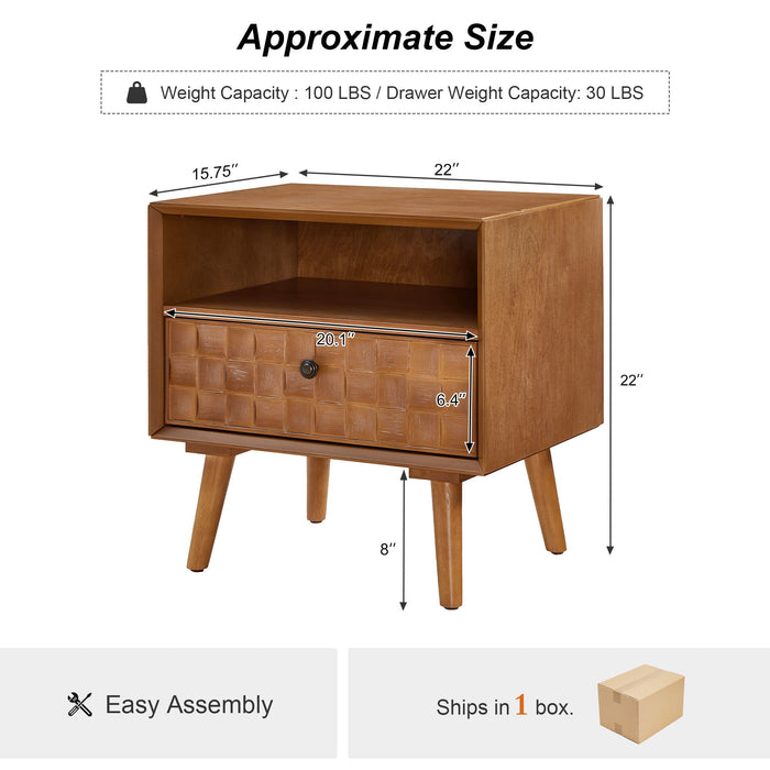 Nightstand With Carved Geometric Drawer Front, 1 Drawer And Open Shelf Home Essentials