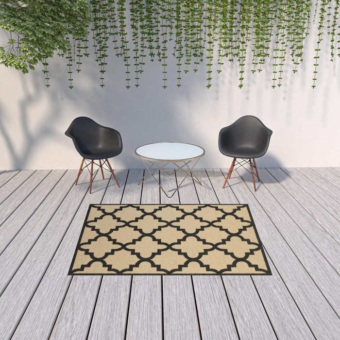 5' X 8' Geometric Stain Resistant Indoor / Outdoor Area Rug - Beige / Black