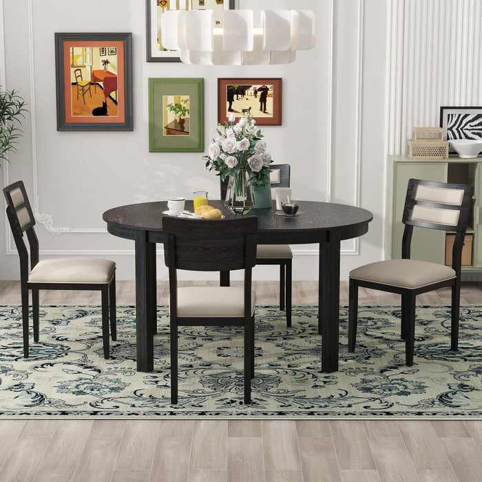 Multifunctional Dining Table Set, Farmhouse Dining Set With Extendable Round Table, Two Small Drawers And 4 Upholstered Dining Chairs For Kitchen And Dining Room