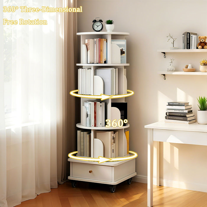 Rotating Bookshelf With Wheels And Drawer, 360° Spinning Design, Space Saving Storage Home Essentials