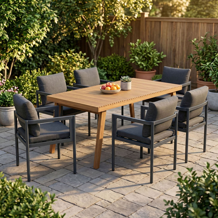 7 Piece Outdoor Patio Dining Set With Table & Chairs With Cushions - Brown / Gray Noble House