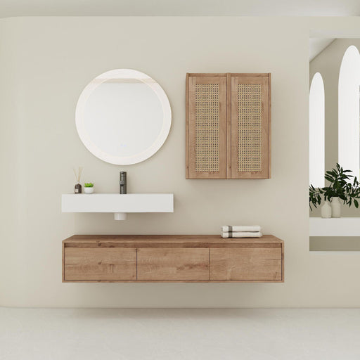 Modern Wall Mounted Bathroom Vanity With Resin Sink And 2 Side Cabinet, Imitative, Construction - Imitative Oak Home Essentials