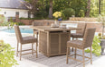 Walton Bridge - 5 Pc. - Square Bar Table W/Fire Pit, 4 Barstools - Driftwood Signature Design by Ashley®