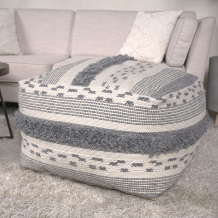 Karim - Faux Yarn Large Pouf, Durable - Ivory / Gray