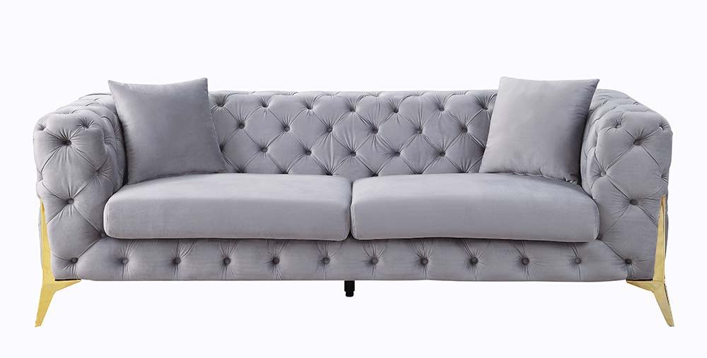 Jelanea - Sofa With 2 Pillows - Gray Velvet & Gold