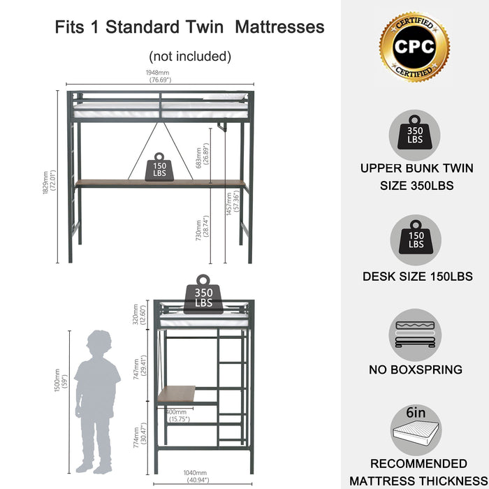 Adam - Twin Loft Bunk Bed With Cinnamon Wood Desk And Closet Rod - Black