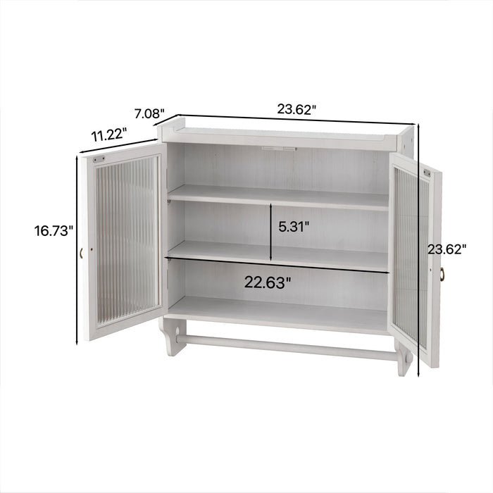 Vintage Double Door Wall Cabinet With Three Tiers Storage And Towel Rack - White Washed Home Essentials