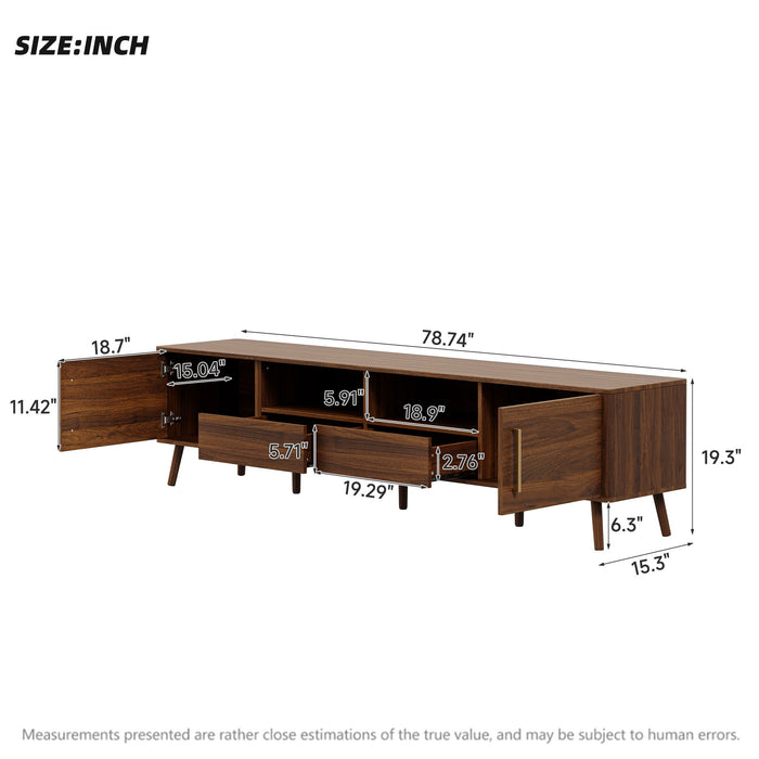 78" TV Stand For 85" TVs With Soft Close Doors, Open Shelf - Walnut Hearth and Haven