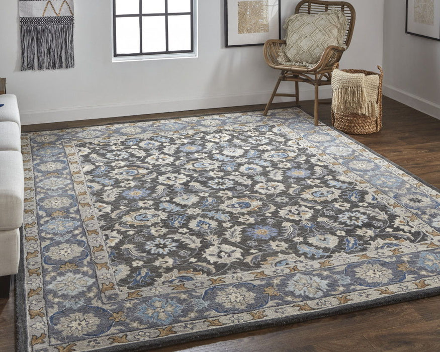 Floral Tufted Handmade Stain Resistant Area Rug - Taupe Blue And Ivory Wool - 2' X 3'