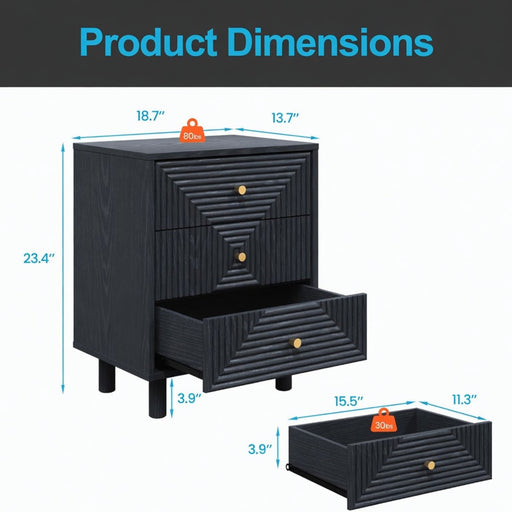 3 Drawer Nightstand - Black - Wood Home Essentials