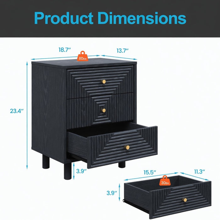 3 Drawer Nightstand - Black - Wood Home Essentials