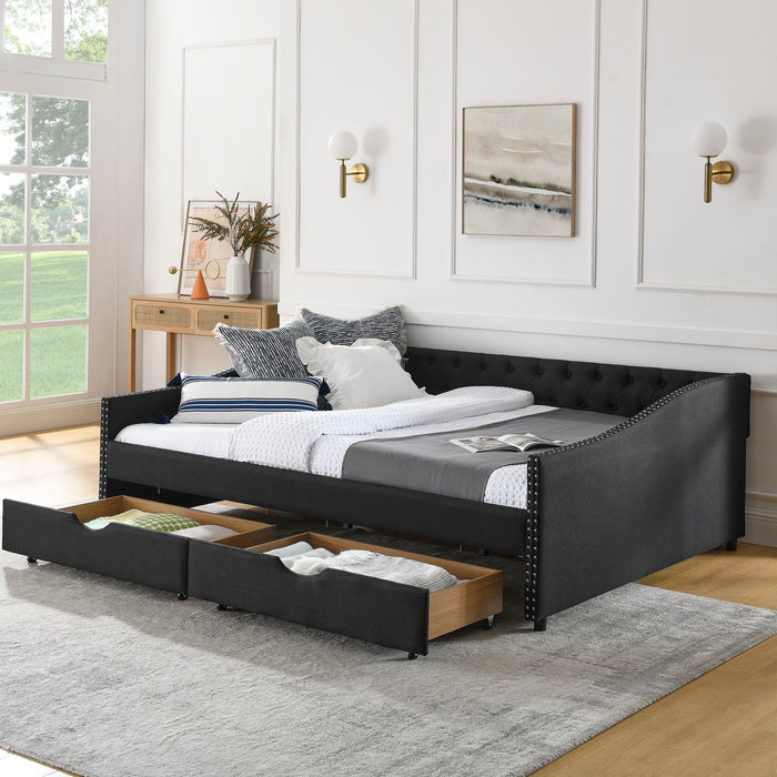 Upholstered Tufted Daybed With 2 Drawers, Waved Arms Home Essentials
