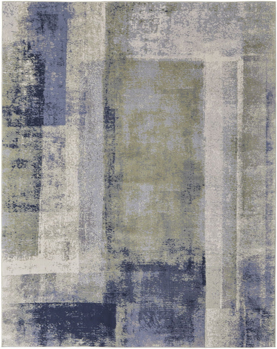 Abstract Power Loom Distressed Area Rug - Blue Green And Ivory - 12' X 15'