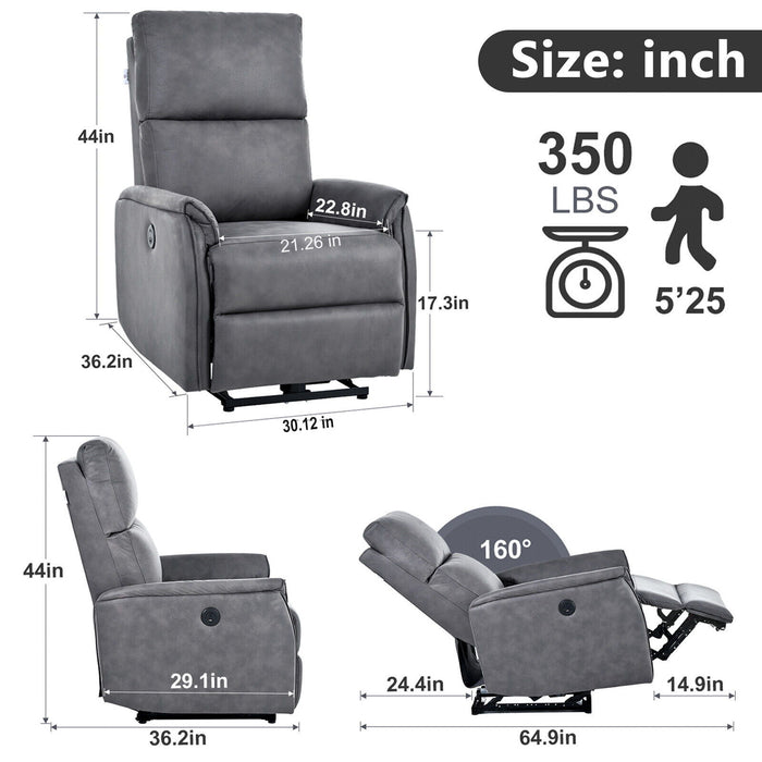 Electric Power Recliner Chair, Reclining Chair For Bedroom Living Room, Small Recliners Home Theater Seating, With USB Ports, Recliner For Small Space - Dark Gray