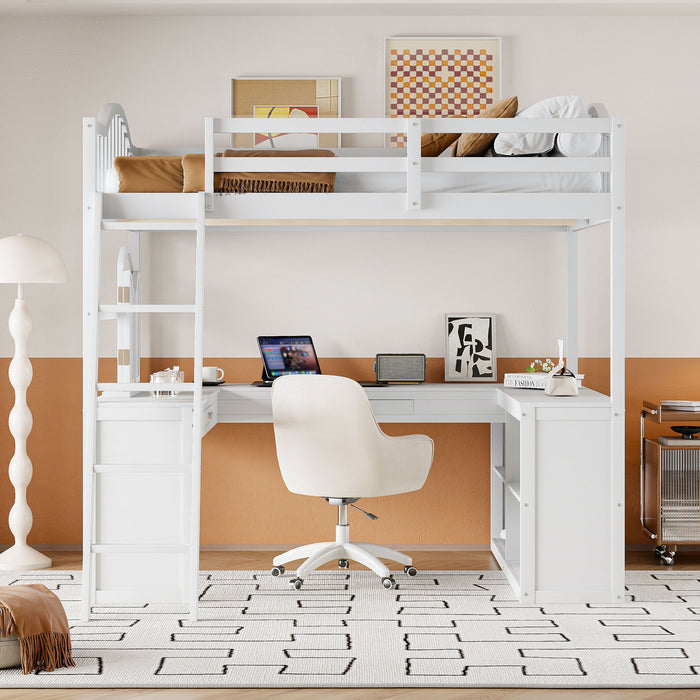 Full Loft Bed With U Shaped Desk, Storage Compartments And Tri Fold Mirror - White