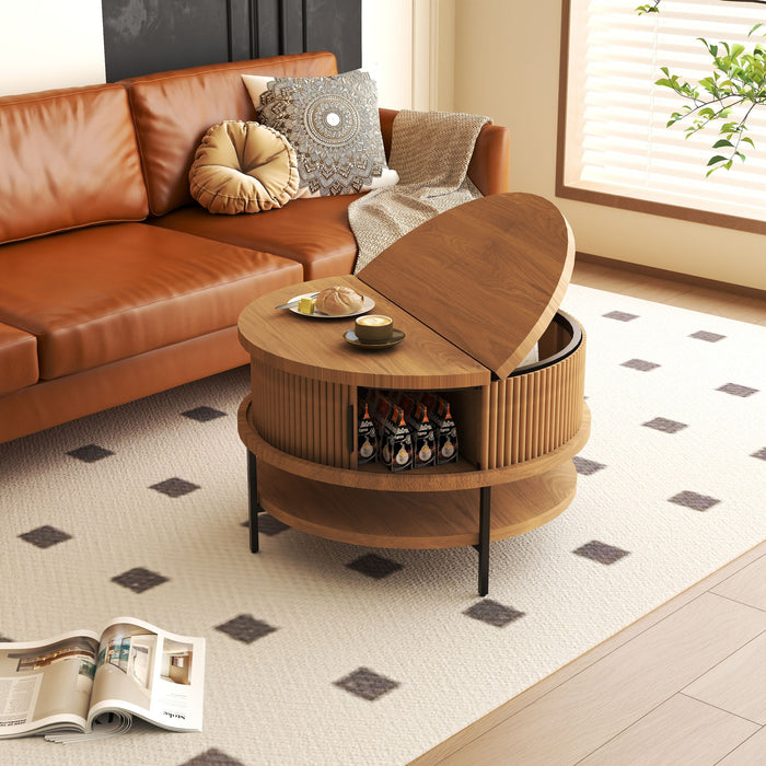Flip-Top Round Coffee Table With Storage - Brown Home Essentials