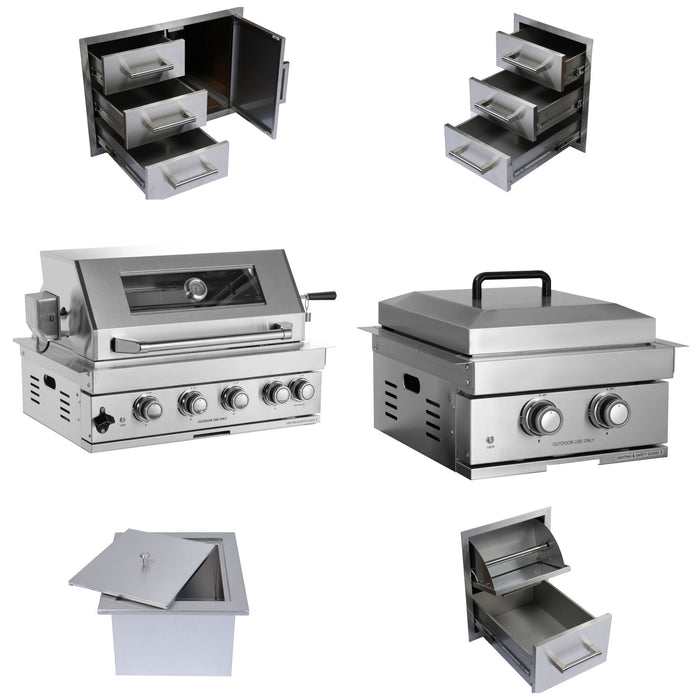 Built-In Outdoor Kitchen LPG Gas Grill 60000 Btu, Drop-In Ice Box With BBQ Tool Set - Silver