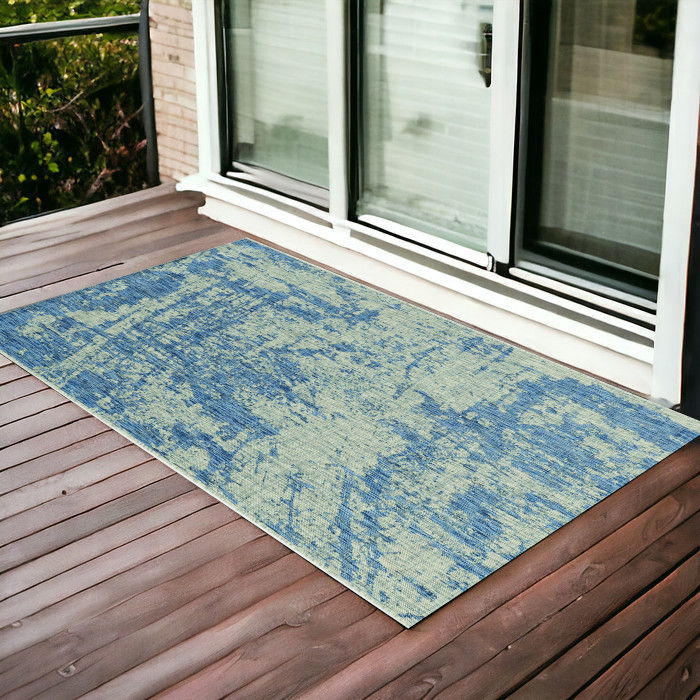 3' X 5' Machine Woven UV Treated Abstract Brushstroke Indoor / Outdoor Area Rug - Gray Denim