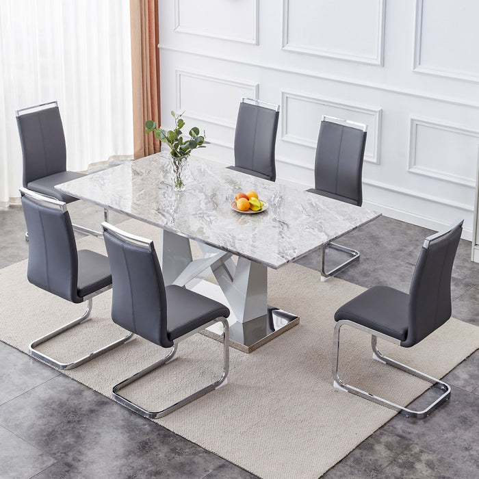 1 Table And 6 Chairs Set, Modern Gray MDF, Faux Marble Dining Table With Double V-Shaped Supports.Paired With 6 Modern PU Artificial Leather Soft Cushion With Silver Metal Legs - MDF / Metal