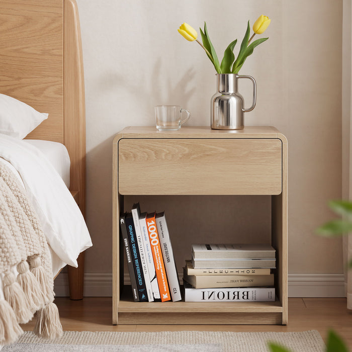 Bedside Table With Storage Drawers And Open Shelves (Set of 2) - Oak Home Essentials