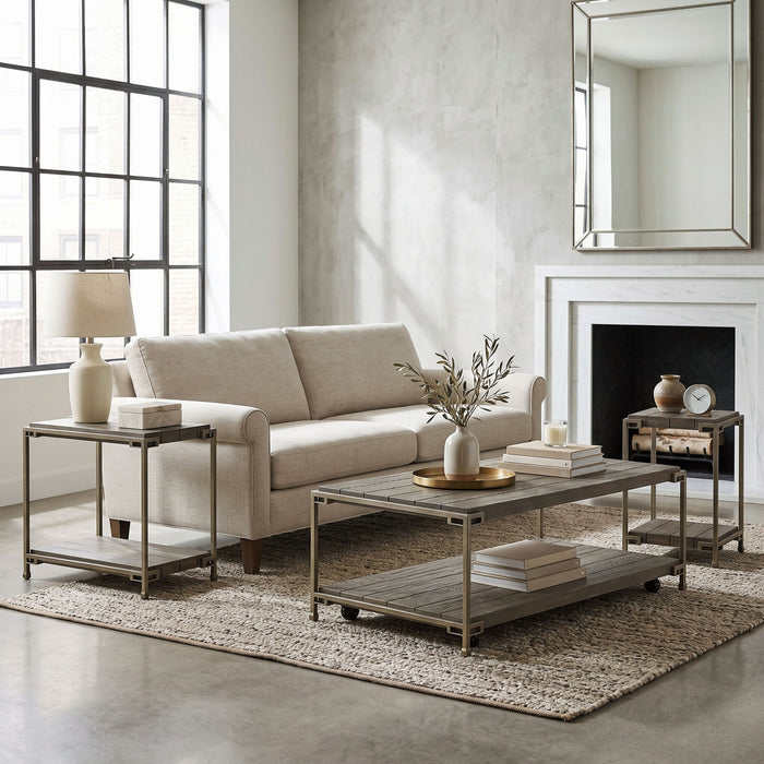 Corbeta - 3 Piece Metal Frame Wood Living Room Coffee Table And 2 Chairside Tables Set, Aged Graphite - Brown Home Essentials