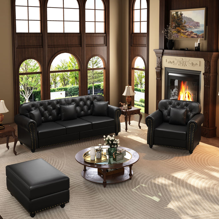 Upholstered Sofa With Nailhead Trim, Rolled Armrests With Ottoman Home Essentials