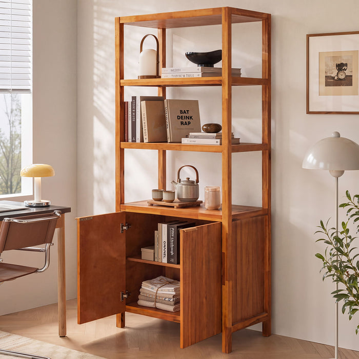 Modern Tall Storage Bookcase Cabinet With 2 Open Shelves & Double Doors Noble House