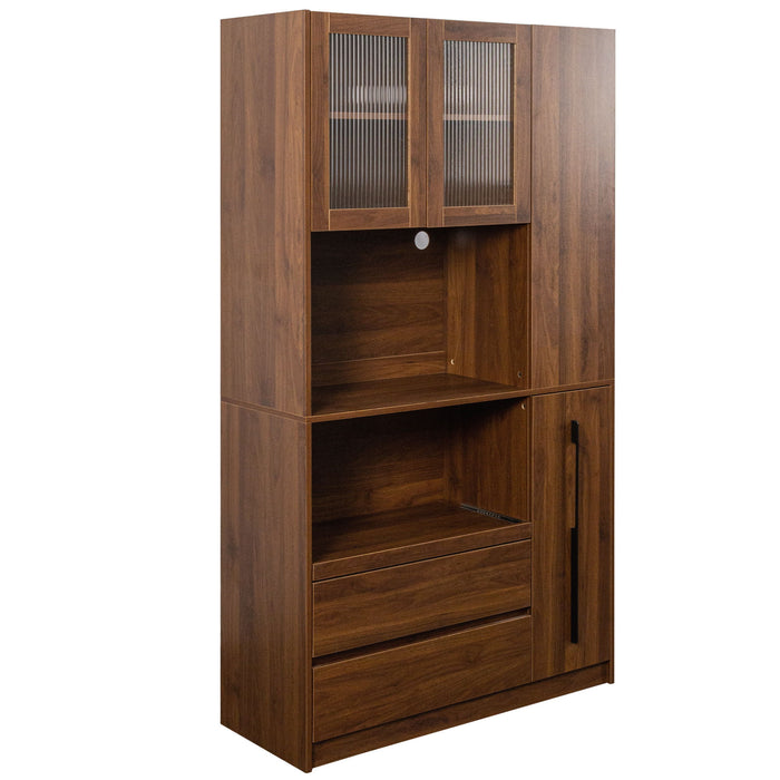 Tall Kitchen Pantry Cabinet With 4 Tier Side Shelf, 2 Drawers, Freestanding Food Hutch With Microwave Stand For Dining Room - Walnut Home Essentials
