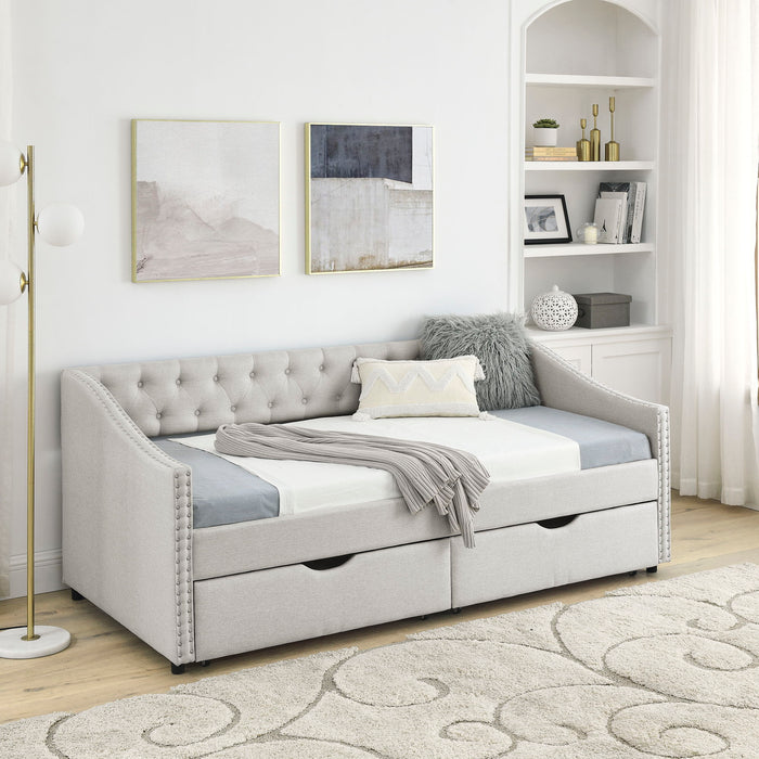 Upholstered Tufted Daybed With 2 Drawers, Waved Arms Home Essentials