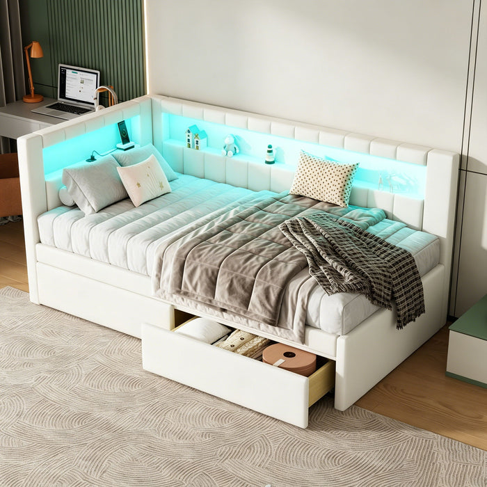 Upholstered Platform Bed With USB Ports And LED Belt Dreamland