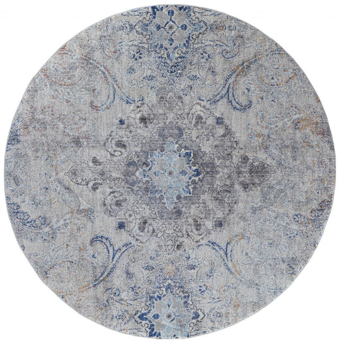 Floral Power Loom Distressed Stain Resistant Area Rug - Ivory Taupe And Blue Round - 8'
