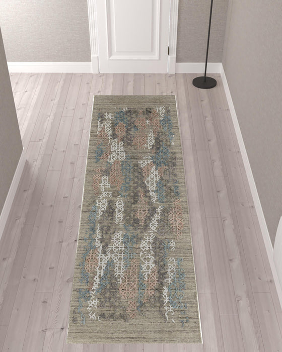 Abstract Hand Woven Runner Rug - Pink Blue And Taupe - 10'