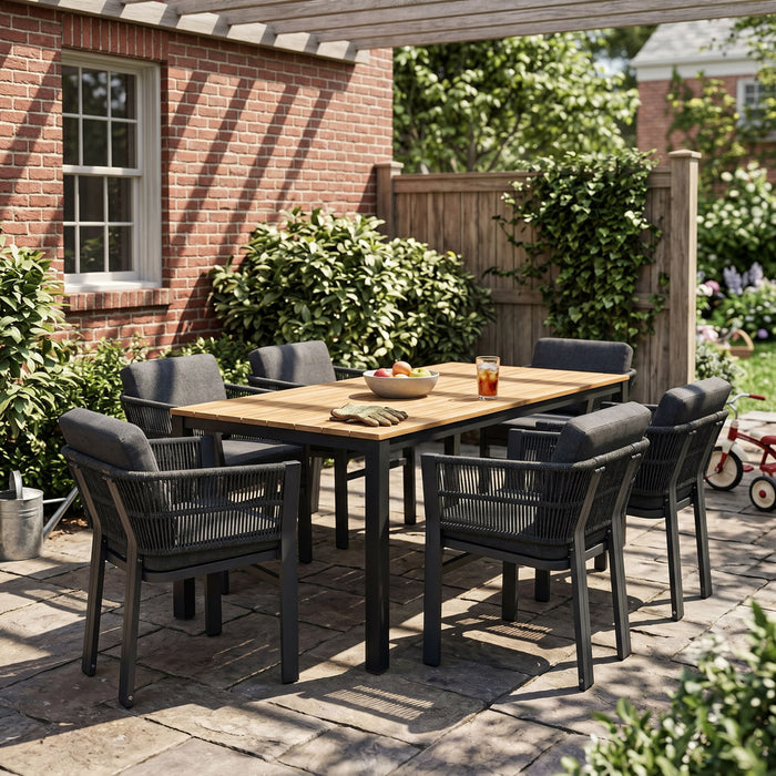7 Piece Outdoor Dining Set With Table And 6 Chairs - Black / Teak / Gray Noble House