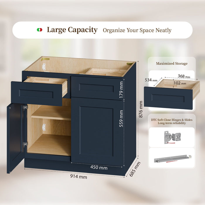 Shaker Base Cabinet With Doors, Soft Close Hinges, Adjustable Shelf, Bathroom Storage Unit - Navy Blue Home Essentials