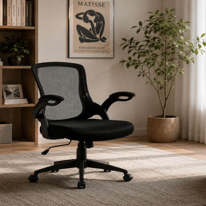Office Chair & Mid Back Design, Adjustable Height And Foldable Armrests - Black Home Essentials