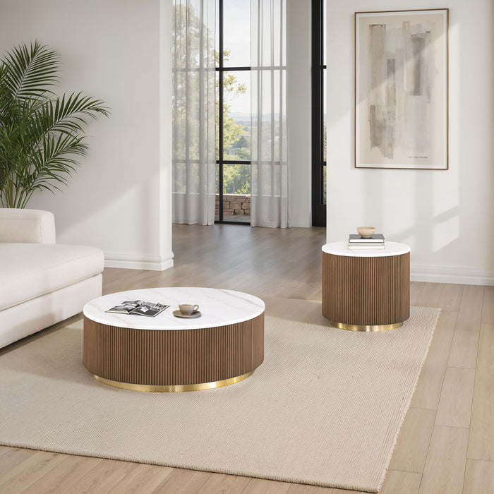 3 Piece Table Set Round Cocktail Table And 2 Round End Tables - Brown / Gold / White Home Essentials