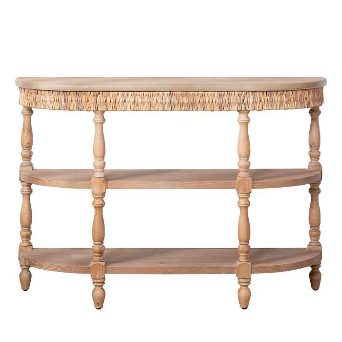 Handcrafted Console Table With Hand Woven Trim, 3 Tier Storage Shelves - Natural Home Essentials