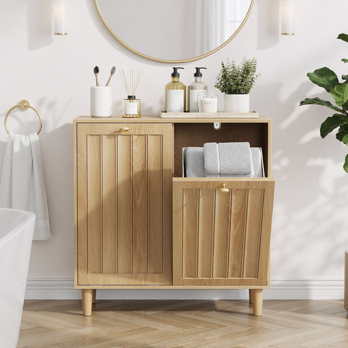 Sloping Laundry Basket With Removable Inner Bin, Concealed Storage Cabinet For Bathroom - Oak Home Essentials