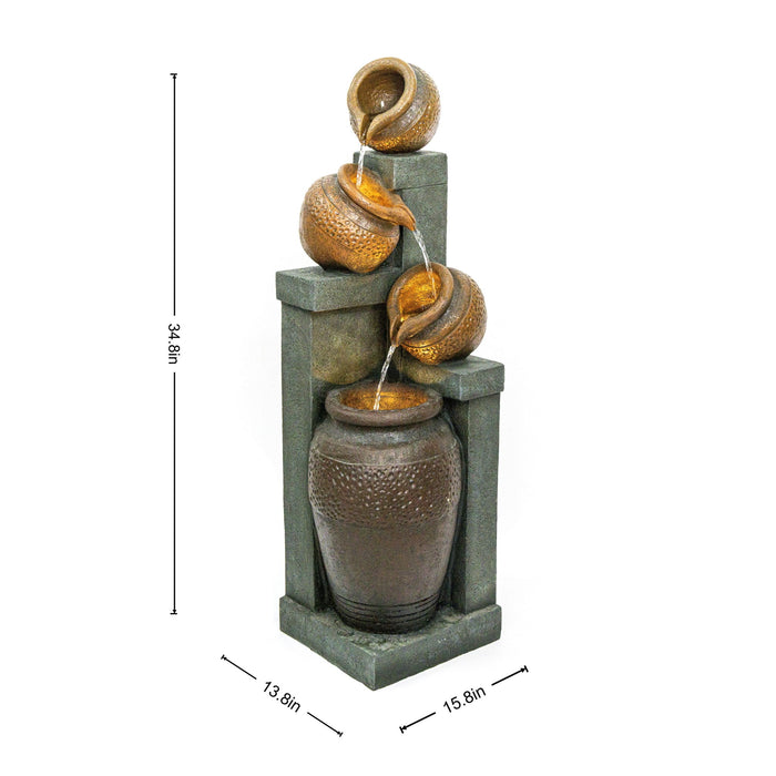 4 Tier Outdoor Water Fountain With Warm LED Lights For Patio - Brown / Tan Daily Nest