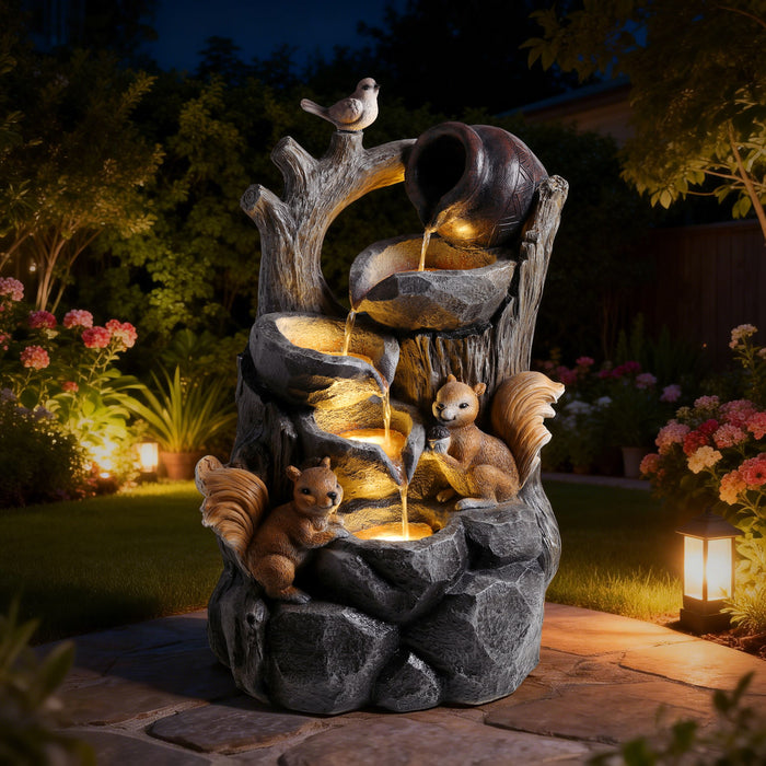 Outdoor Squirrel, Tiered Waterfall Fountain With LED Light For Patio - Gray Daily Nest