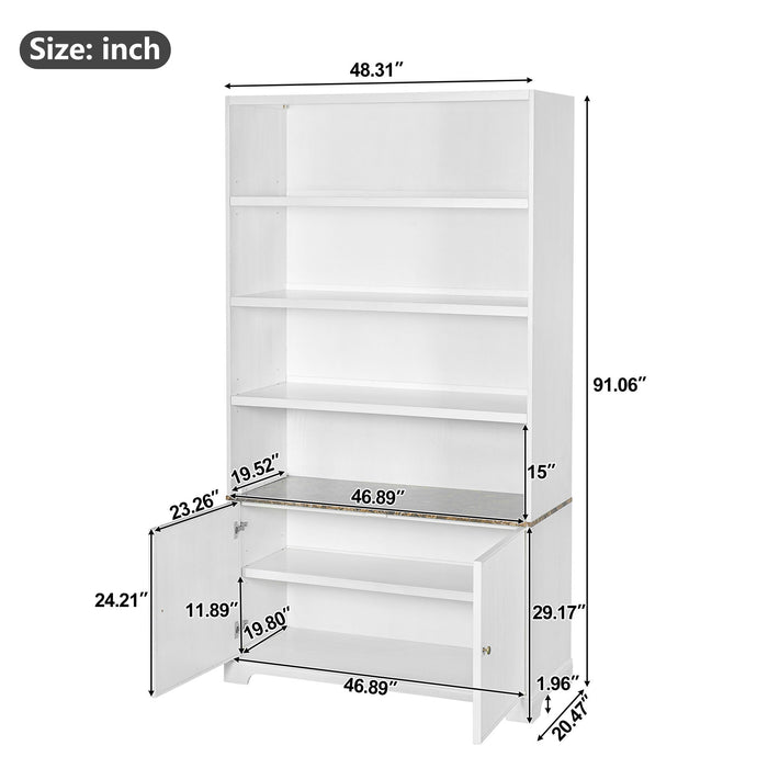 Tall Bookcase Storage Cabinet With 3 Open Shelves & Fluted Double Doors Noble House