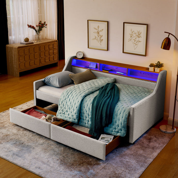 Twin Upholstered Sofa Bed With LED Lights, Storage Drawers, Adjustable Headboard & Wireless Charging - Beige Home Essentials
