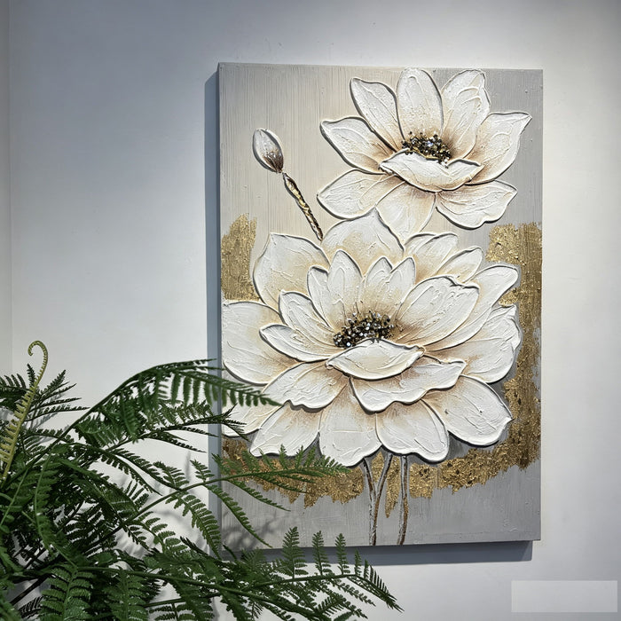 Lotus Flower Canvas Wall Art, Hand Painted Thick Textured Floral Painting With Accents, Neutral Decor For Living Room - Antique White / Gray Daily Nest